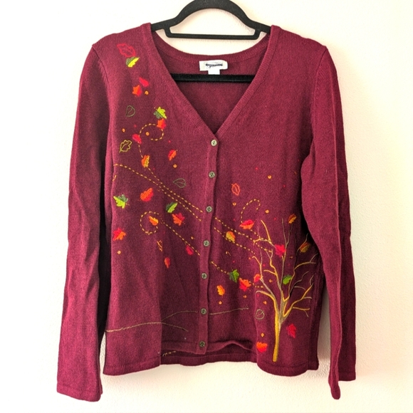Christopher & Banks Cotton/Ramie Burgundy Fall Foliage Cardigan Women's size  M - Picture 1 of 10